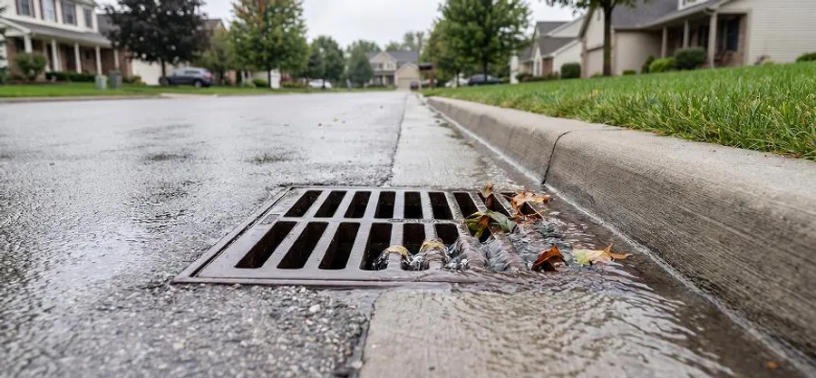 Catch basin draining rainwater on a commercial property street