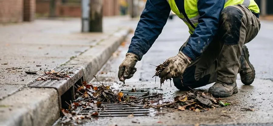 Technician cleaning debris from a catch basin grate