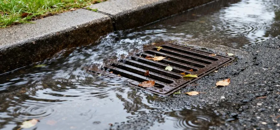 Rainwater flowing into a catch basin grate during a storm